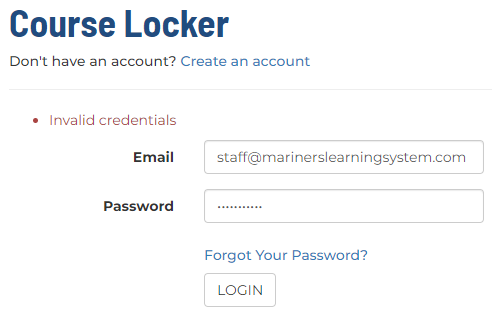 Course Locker - Invalid Credentials